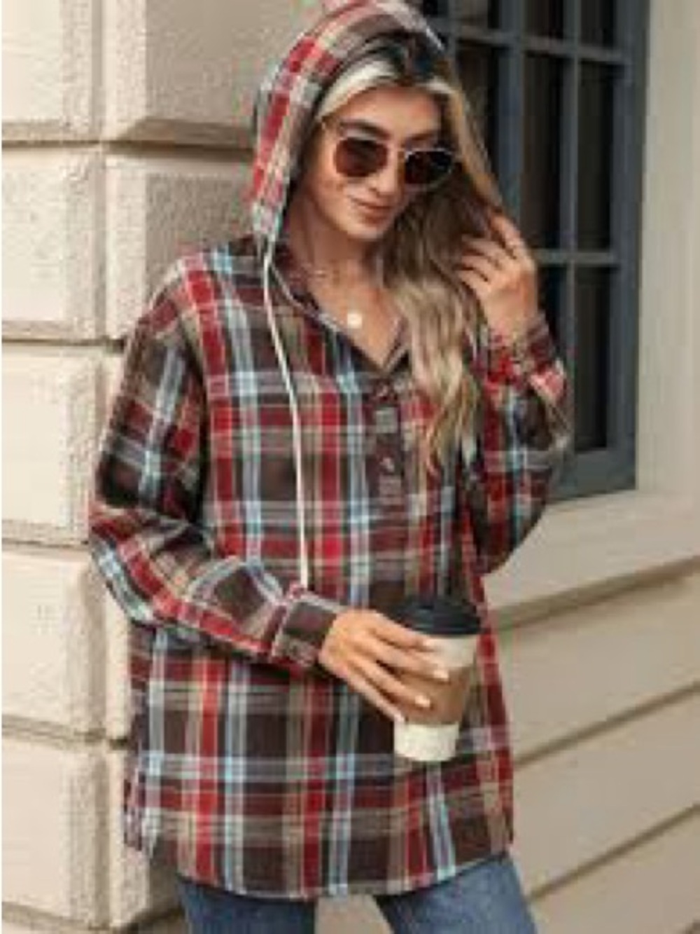 Plaid Hooded Button-Up Sweatshirt - Red & Brown